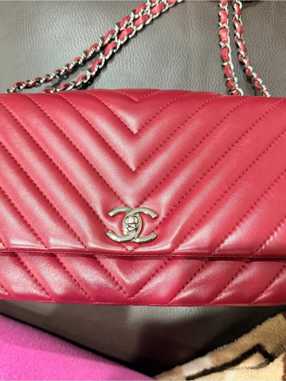 CHANEL Red Chevron Quilted Shoulder Bag with Silver CC